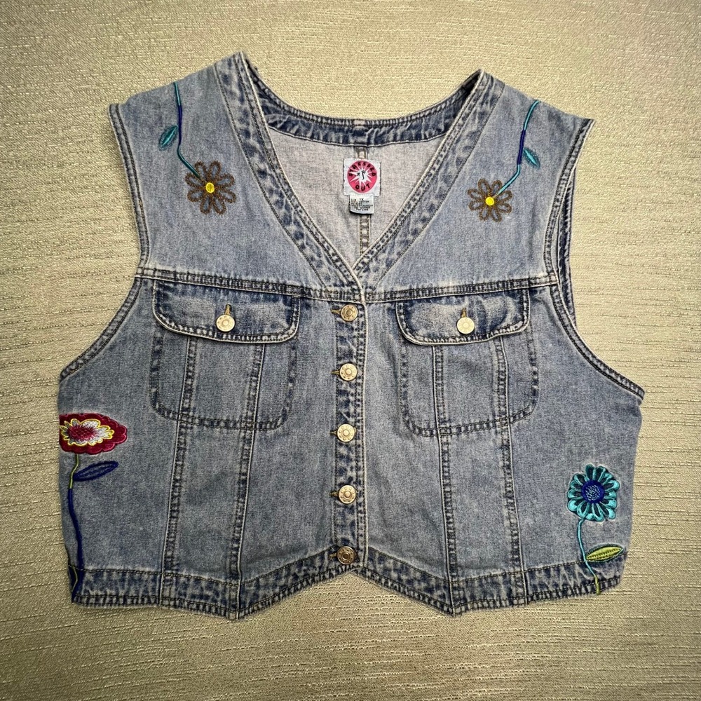 Floral Embroidered Denim Vest Fairy Grunge Cotton 1X Y2K Boho Festival